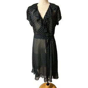 MSK Dress Navy Blue Green 16 Polka Dot Flowy Midi W Belt Washable Sheer Fairy